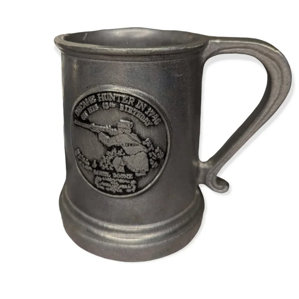 Vintage Pewter Plate & Mugs Featuring Daniel Boone & The Pennsylvania Rifle